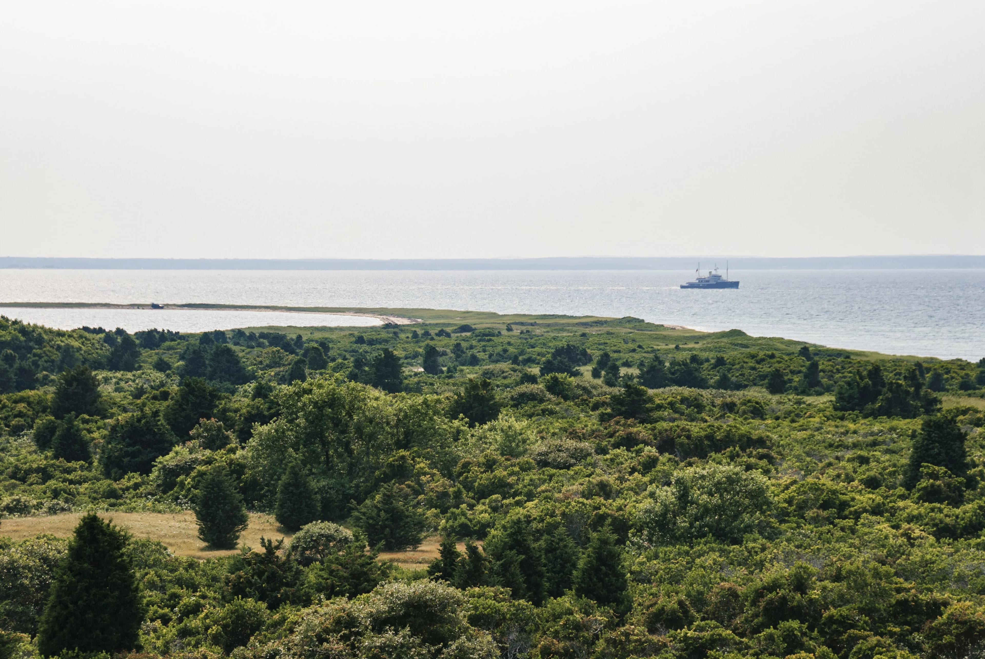 Coastal scrub and trees stretch toward the water at Cape Poge, with a boat offshore.