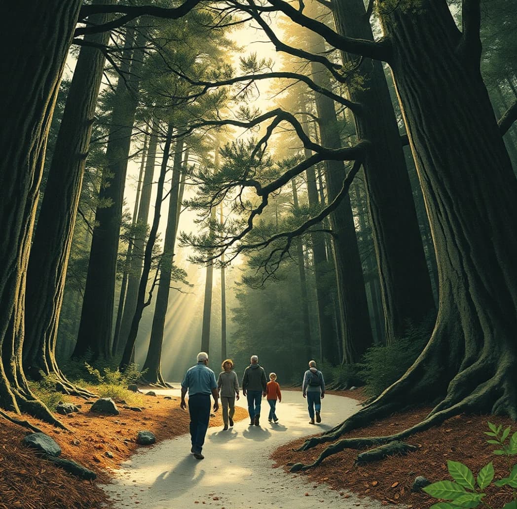 People walking together along a sunlit path beneath towering forest trees.