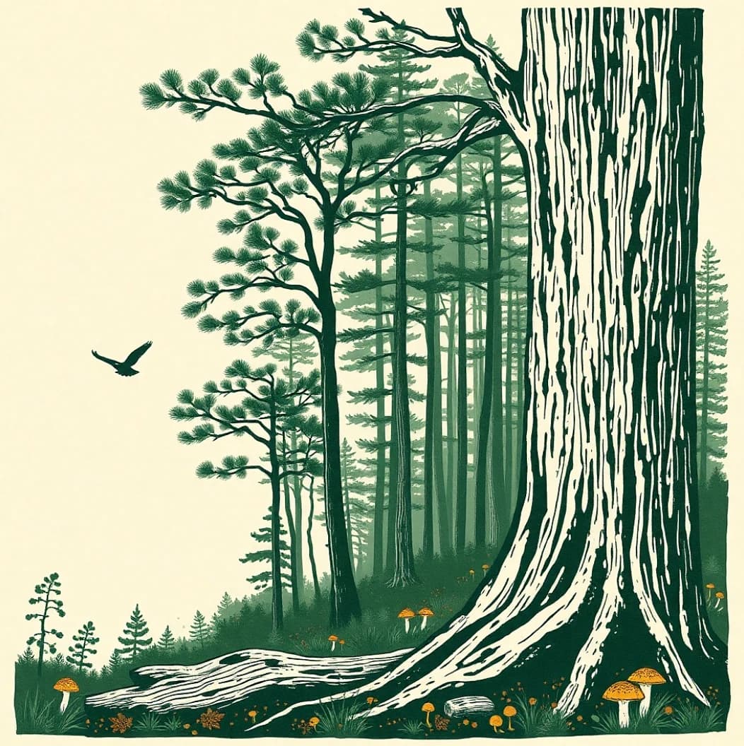 Green-and-cream woodcut-style pine forest with a broad tree trunk, a bird, and mushrooms.